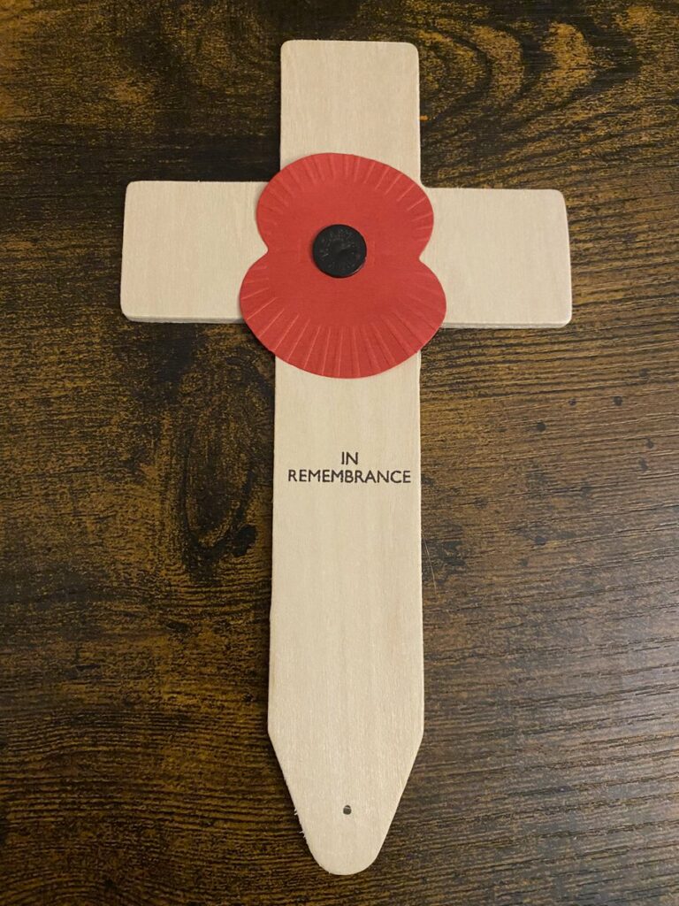 Fields of Remembrance wooden cross with poppy